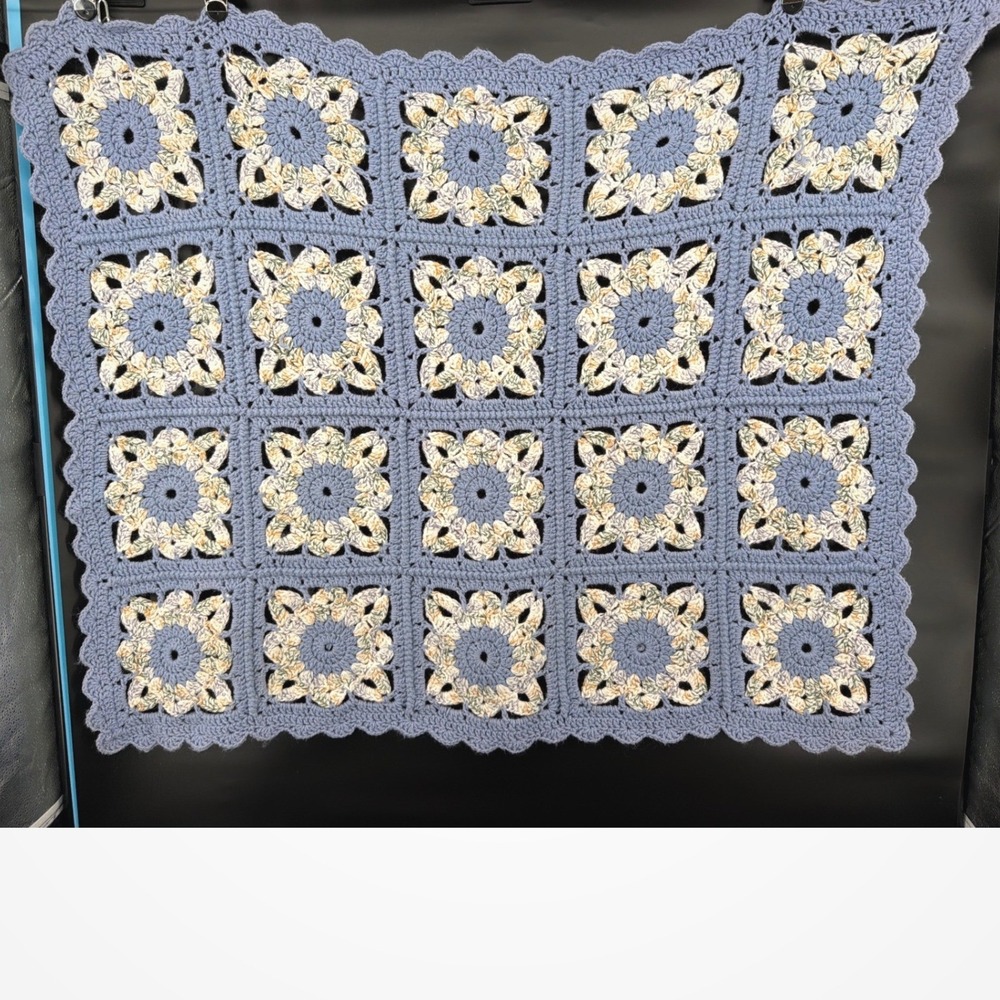 Handmade Crochet Granny Square Throw Blue Floral Scalloped Afghan Blanket 43x36